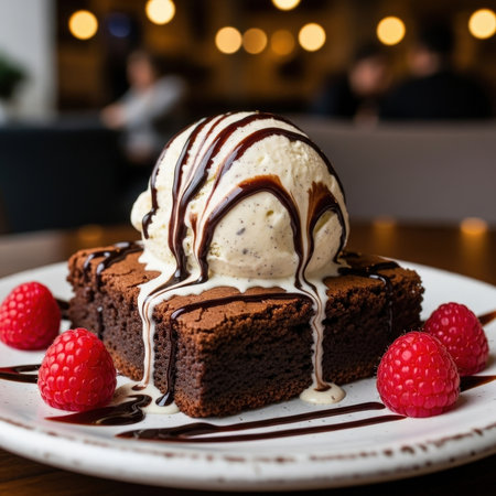 A delicious chocolate brownie dessert topped with a scoop of vanilla ice cream, drizzled with chocolate sauce, and served with fresh raspberries.の素材