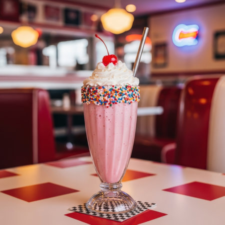 A delicious strawberry milkshake in a tall glass with whipped cream, sprinkles, and a cherry. This classic dessert sits on a table in a retro diner.の素材