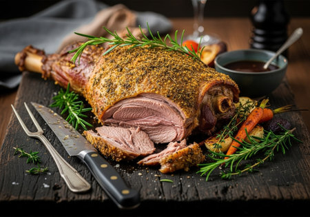 A delicious roasted leg of lamb with a herb crust, carved and served with roasted vegetables and gravy. This gourmet meal is perfect for a holiday feast.の素材