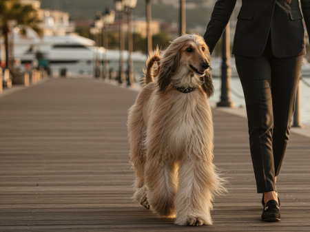 An elegant Afghan Hound with long, flowing hair walks on a wooden pier next to its owner in a suit. The scene is set in a marina at sunset.の素材
