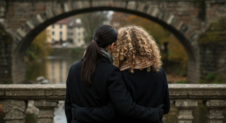 A tender moment of a lesbian couple hugging from behind. They are standing on a historic stone bridge, looking out at the city view in autumn.の素材