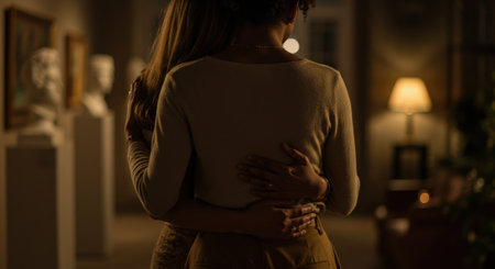 Two women embracing intimately in a softly lit interior space during an evening visit, sharing a quiet, tender moment.の素材