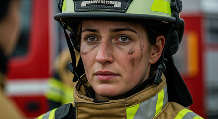 A close-up portrait of a determined female firefighter. She is wearing a helmet and uniform, her face is smudged with soot, reflecting her bravery.の素材