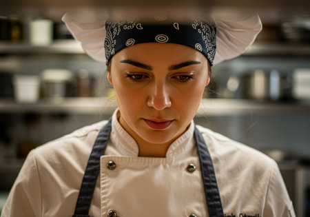 A close up portrait of a focused female chef in uniform, looking down while working in a professional kitchen.の素材