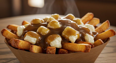 A close up of delicious Canadian poutine featuring golden French fries, melting cheese curds, and rich, steaming brown gravy in a cardboard bowl.の素材