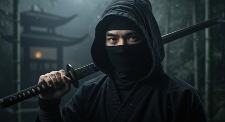 A mysterious ninja warrior in a dark hooded cloak and mask holding a katana sword, standing in front of a traditional Japanese temple.の素材