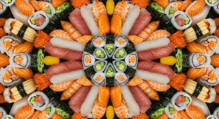 A striking top view of various colorful sushi rolls and sashimi, meticulously arranged to form a captivating symmetrical pattern on a dark backgroundの素材