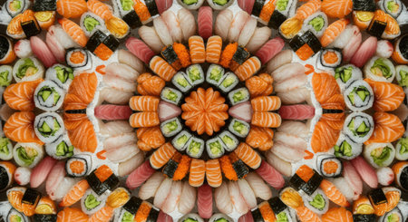 An abstract, kaleidoscopic background made from a variety of fresh Japanese sushi. Includes salmon and tuna nigiri, maki rolls, and caviar.の素材