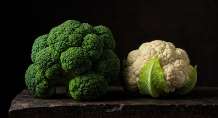 Fresh, vibrant green broccoli and white cauliflower heads are displayed side-by-side on a dark, rustic wooden surface, highlighting their natural textures.の素材