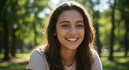 A cheerful young woman with long dark hair smiles broadly at the camera in a sunlit green park with blurred foliage, conveying happiness.の素材