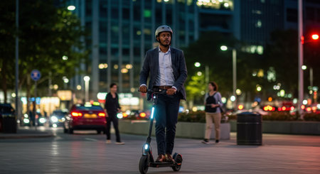 A man in a helmet rides an electric scooter at night on a city street. Blurred urban lights illuminate the background, showing a modern commute.の素材