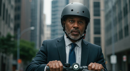 A professional man in a helmet looks directly forward, riding an electric scooter. Blurred city buildings provide a backdrop for his urban commute.の素材