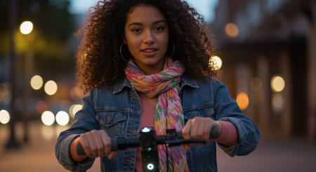 A portrait of a happy young woman with curly hair riding an electric scooter. She is on a city street in the evening with beautiful bokeh lights.の素材