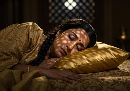 Tranquil Indian woman in shimmering golden garments enjoying deep slumber. Soft window patterns illuminate her face, highlighting serene rest.の素材