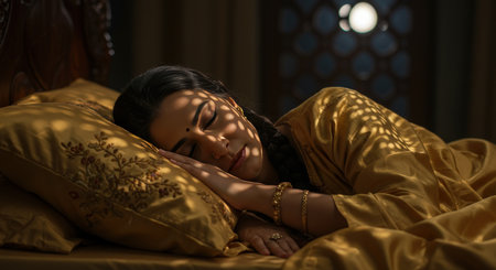 A serene young Indian woman sleeps peacefully on a luxurious golden pillow. Light patterns fall across her face and golden fabric, creating a tranquil, atmospheric scene.の素材