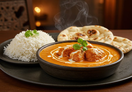 A steaming bowl of flavorful Indian chicken curry with fluffy white rice and warm naan bread on a dark plate. Perfect for a hearty meal.の素材