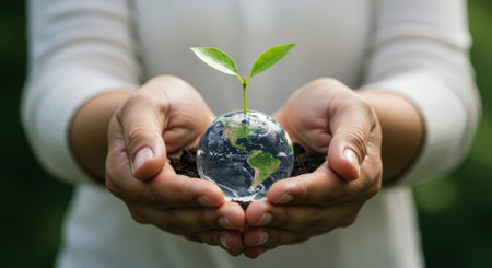 A pair of human hands gently cup a clear glass globe with a vibrant green seedling sprouting from it, symbolizing environmental protection, growthの素材
