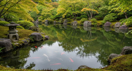 A serene Japanese garden landscape featuring a tranquil pond with swimming koi carp. A stone lantern sits by the mossy rocks and colorful autumn trees.の素材