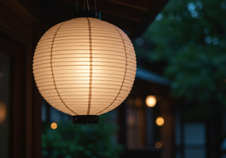 Close up of a traditional Japanese paper lantern hanging and glowing softly in an atmospheric evening setting. The blurred background shows a garden.の素材