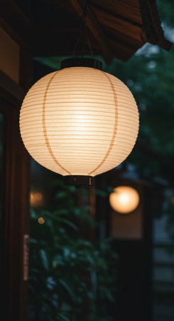 A traditional Japanese paper lantern glows warmly at night. This vertical shot creates a serene and peaceful atmosphere in a tranquil garden setting.の素材