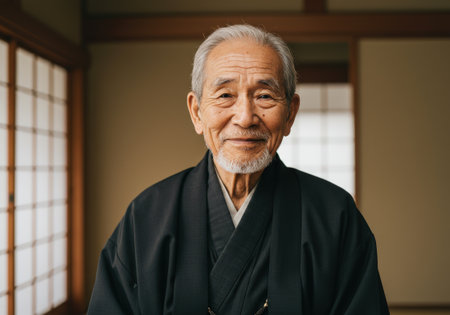 An elderly Japanese man in a traditional kimono looks at the camera with a gentle smile. His serene expression conveys a sense of wisdom and contentment.の素材