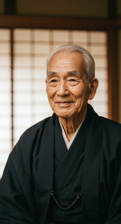 A serene elderly Asian man with gray hair wearing a classic black kimono, posing with a gentle smile. Authentic japanese interior with a shoji screen.の素材