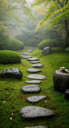 A serene stepping stone path winds through a foggy Japanese moss garden. The scene features lush green manicured shrubs and a traditional stone water basin.の素材