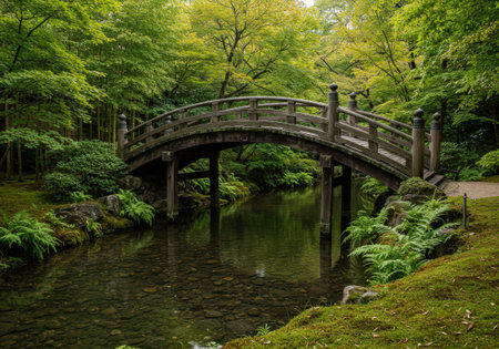 A traditional wooden arched bridge spans a tranquil stream in a lush and serene Japanese garden. The clear water reveals pebbles below and reflects trees.の素材