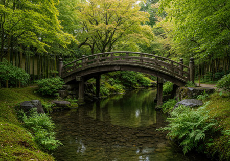 A scenic view of a beautiful wooden arch bridge over a calm river in a lush japanese garden. The scene is full of green trees, moss, and tranquility.の素材