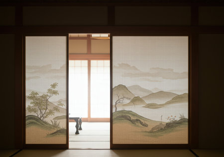 Traditional Japanese fusuma sliding doors with a beautiful landscape painting. The serene room features tatami mats and a view into another bright space.の素材