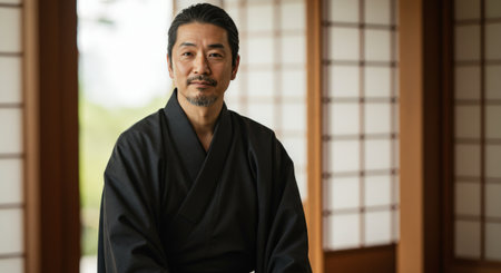 A confident middle-aged Japanese man wearing a black kimono looks calmly at the camera. He is sitting in a traditional room with shoji screens.の素材
