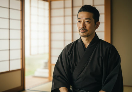 A Japanese man in a traditional kimono sits in a serene tatami room with a calm expression. He is looking away from the camera, reflecting peaceful contemplation.の素材