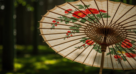 Close up of a traditional Japanese paper umbrella, also known as wagasa. It is decorated with red flowers and placed outdoors in a green forest.の素材
