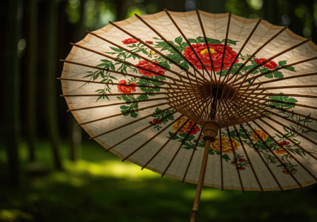 A close up of a traditional Japanese paper umbrella with beautiful red and yellow floral paintings. Its bamboo structure is illuminated in a lush green forest.の素材