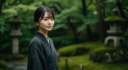 A portrait of a beautiful young Asian woman in a traditional black kimono, standing in a serene and lush Japanese zen garden with stone lanterns.の素材