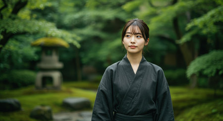 A beautiful young Japanese woman wearing a classic black kimono. She stands peacefully, looking away thoughtfully in a serene and lush green zen garden.の素材