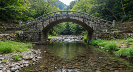 A beautiful scenic landscape of an ancient stone arch bridge crossing a clear river in a forest. The water is shallow and shows the rocky bed.の素材