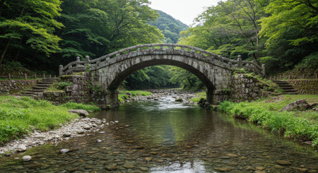 A scenic view of a historic arched stone bridge over a clear river. The tranquil water reveals pebbles below, set in a lush green forest valley.の素材