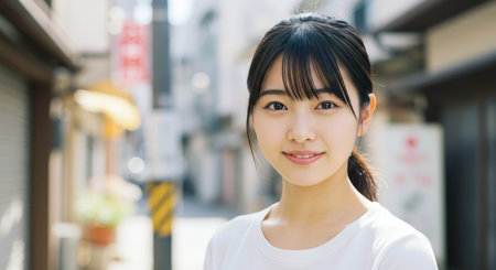 A charming outdoor portrait of a young, happy Asian woman in a white t-shirt. She is standing on a blurred city street and smiling at the camera.の素材