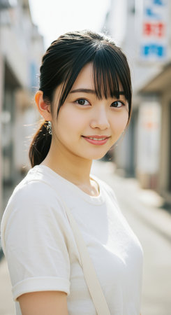 A beautiful young Asian woman with a lovely smile and ponytail. She is wearing a casual white t-shirt on a sunny city street. Natural lifestyle portrait.の素材