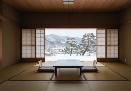 A serene traditional Japanese room with tatami mats and a low table. Open shoji doors offer a beautiful view of a snowy winter mountain landscape.の素材