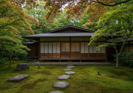 A tranquil traditional Japanese house with shoji screens sits in a lush moss garden. A stepping stone path leads through the serene autumn scenery.の素材