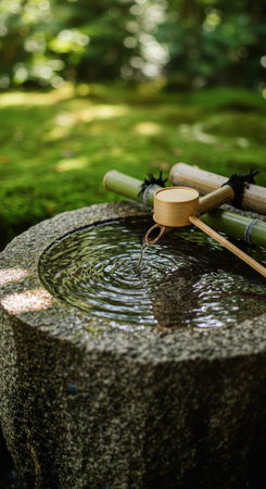 Close-up of a traditional Japanese purification fountain called a tsukubai. Fresh water pours from a bamboo spout into the stone basin, creating ripples.の素材