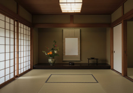 A peaceful japanese room (washitsu) interior. It features tatami mat flooring, shoji screens, and a tokonoma alcove with an ikebana arrangement.の素材