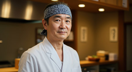 A professional Japanese sushi chef in his restaurant kitchen looks at the camera. His calm and welcoming expression reflects his expertise and hospitality.の素材