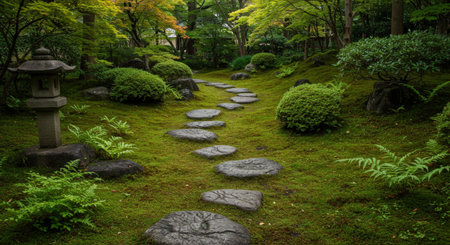 A serene and beautiful Japanese garden landscape. A winding path of stepping stones leads through lush green moss, past a traditional stone lantern.の素材