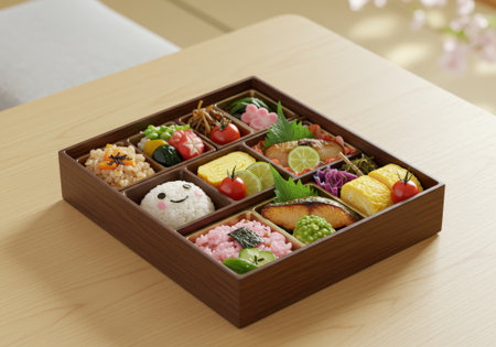 An elaborate Japanese bento lunch box with grilled fish, cute onigiri, and colorful vegetables. This traditional meal is served on a wood table.の素材