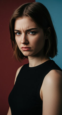 Close up portrait of an upset and angry young woman with short hair. She is frowning and looks displeased on a colorful red and blue studio background.の素材