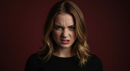 A studio headshot of a furious young Caucasian woman in a black shirt snarling at the camera. She has an intense expression of rage and disgust.の素材