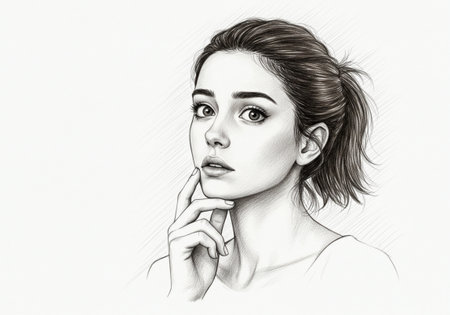A beautiful hand-drawn portrait of a young thoughtful girl. This pencil sketch shows her with a finger on her chin, looking curiously at the viewer.の素材